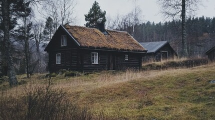 Obraz premium Rustic cabin surrounded by nature in a serene landscape.
