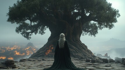 Woman stands before ancient tree, overlooking fiery landscape.