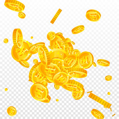 Korean won coins falling. Scattered gold WON