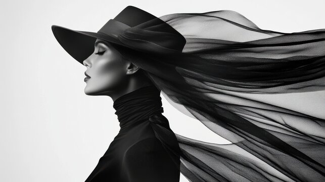 Fierce elegance unfolds in monochrome with striking hat and flowing fabric against a minimalist backdrop