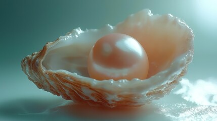 Glowing pearl in an oyster shell on teal background.