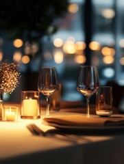 Empty elegant dinner table set with wine glass and romantic ambiance, dimly lit, waiting for someone to arrive.