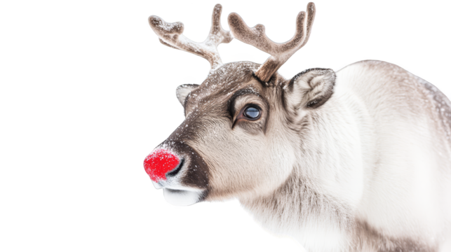 Christmas reindeer with glowing red nose against festive green background