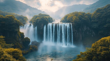Fototapeta premium Majestic waterfall cascading down lush green cliffs, misty atmosphere.