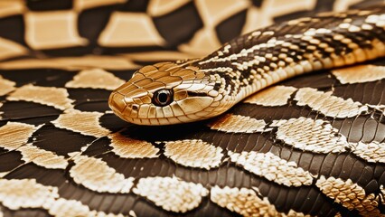 Obraz premium Snake on snakeskin background, black and gold, close-up of head