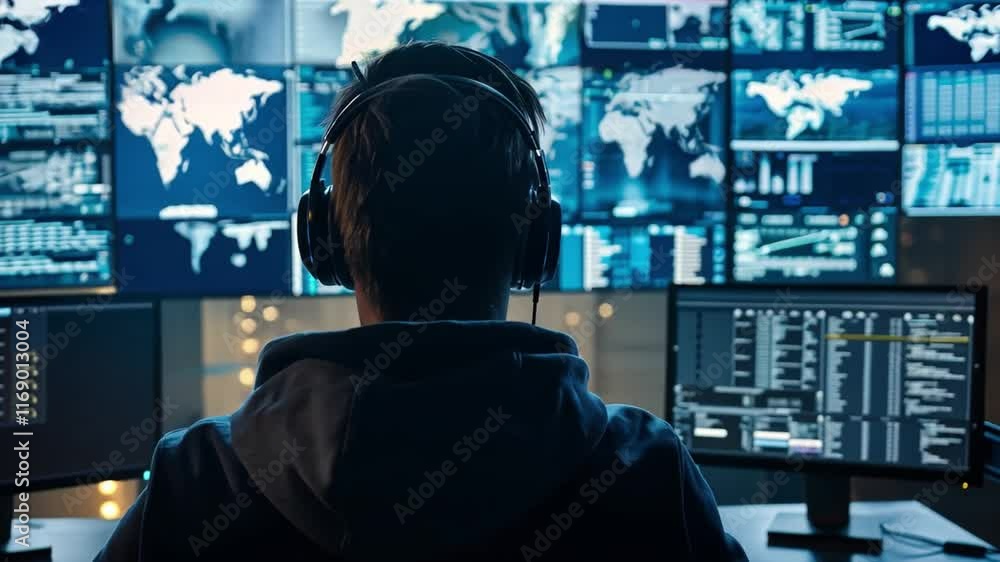 Poster A professional is seated in a control center, wearing headphones, and focused on numerous screens showing intricate data visualizations and world maps.