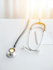 Close-up of a stethoscope on a bright medical workspace.
