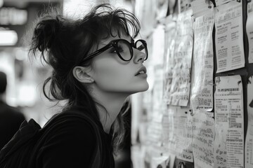 Young woman examining bulletin board filled with notices in a busy urban environment