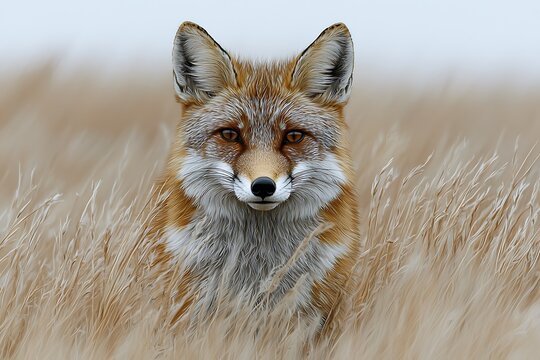 Red fox peering from tall grass.