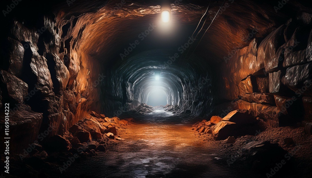 Poster abandoned underground tunnel featuring dark passages with rocky terrain and minimal lighting a depic
