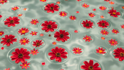 Fototapeta premium red flowers floating on top of the water, flowers everywhere, beautiful, photography, realistic, natural light, colorful, food art, object photography, still life food photography, ultra hd, bokeh