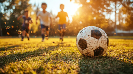Obraz premium A Father Day sports event with fathers and kids playing soccer in a park