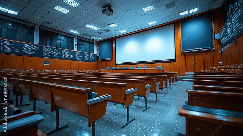 Poster empty lecture hall with rows of wooden seats, a large projection screen, and a stage.