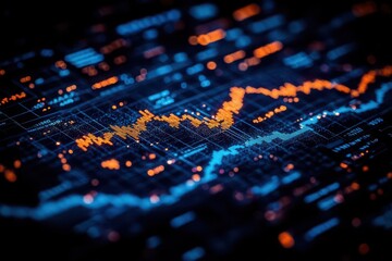 detailed closeup of an investment trading chart in vibrant blue shades featuring intricate candlestick graphs and data overlays reflecting the complex world of finance and market analysis