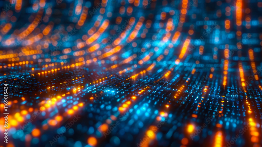 Poster encrypted data streams in vivid patterned light symbols showcasing cybersecurity and information pro