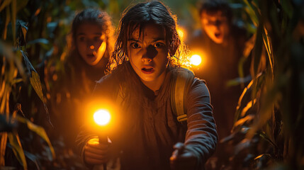 A Halloween haunted corn maze with friends holding flashlights and screaming with laughter