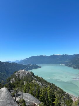mountain landscape with lake after hiking the chief in squamish british columbia 