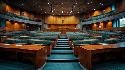 Empty lecture hall with tiered seating, wooden desks, and a stage.