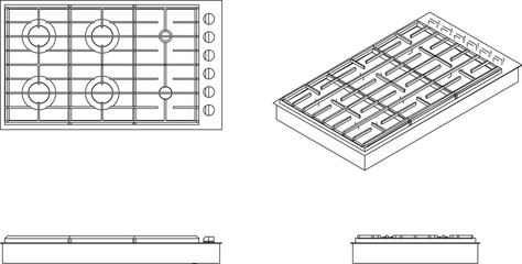 vector sketch illustration of the silhouette of a gas and electric stove design looking from various sides.eps