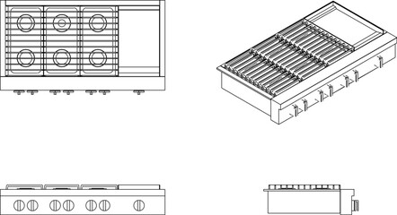 vector sketch illustration of the silhouette of a gas and electric stove design looking from various sides.eps