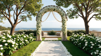 Pop Art, Indian Wedding, Rear perspective, garden, stone archway, white flowers, trees, fairy lights, ocean, marble veranda.