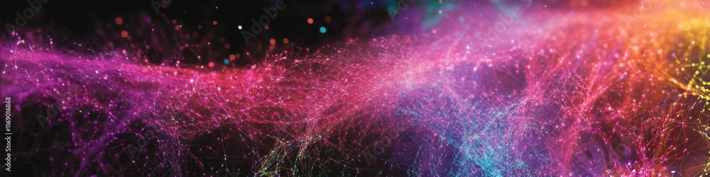 Poster abstract digital network with vibrant neon lights and sparkling particle effects