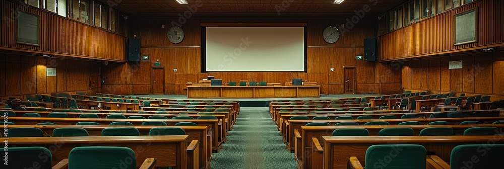Poster empty lecture hall with wooden seats and a large screen.