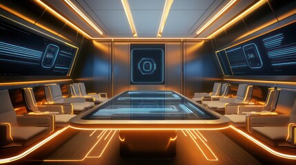 A high-tech executive room with embedded table screens, glowing lines along the walls, and modular seating