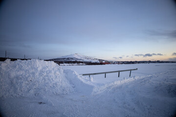 Winter wonderland in Swedish Lapland. Winter landscape from Kiruna, Luossuvaara area.