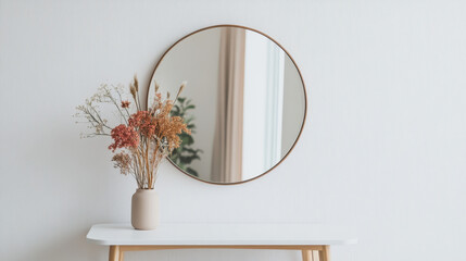 Minimalist bedroom interior design featuring dried flowers in a vase and a round mirror above a white console table