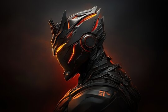 Futuristic robotic warrior in dark setting with glowing highlights