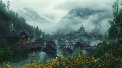 Fototapeta premium Enchanting Village Mist Rice Terraces Surrounded Green Rolling Hills Photo