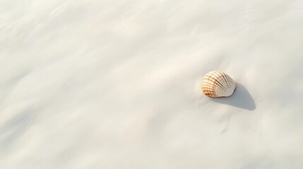 Single seashell on pristine white sand beach under sunlight