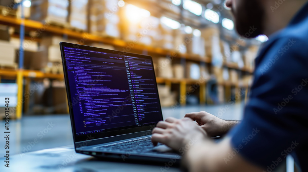 Poster a person is coding on a laptop in a warehouse, surrounded by stacks of boxes, with a warm glow from 