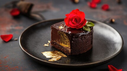 A decadent Valentine's chocolate mousse cake garnished with gold leaf and a single red rose, [luxurious indulgence], [romantic simplicity] 