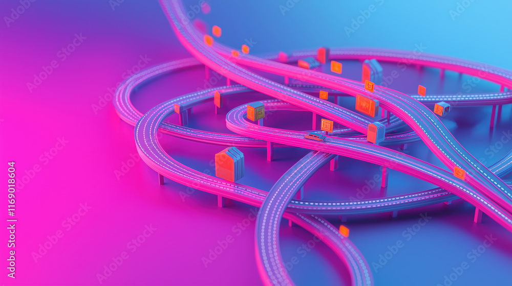 Poster a vibrant, abstract depiction of a winding road with colorful structures against a gradient backgrou