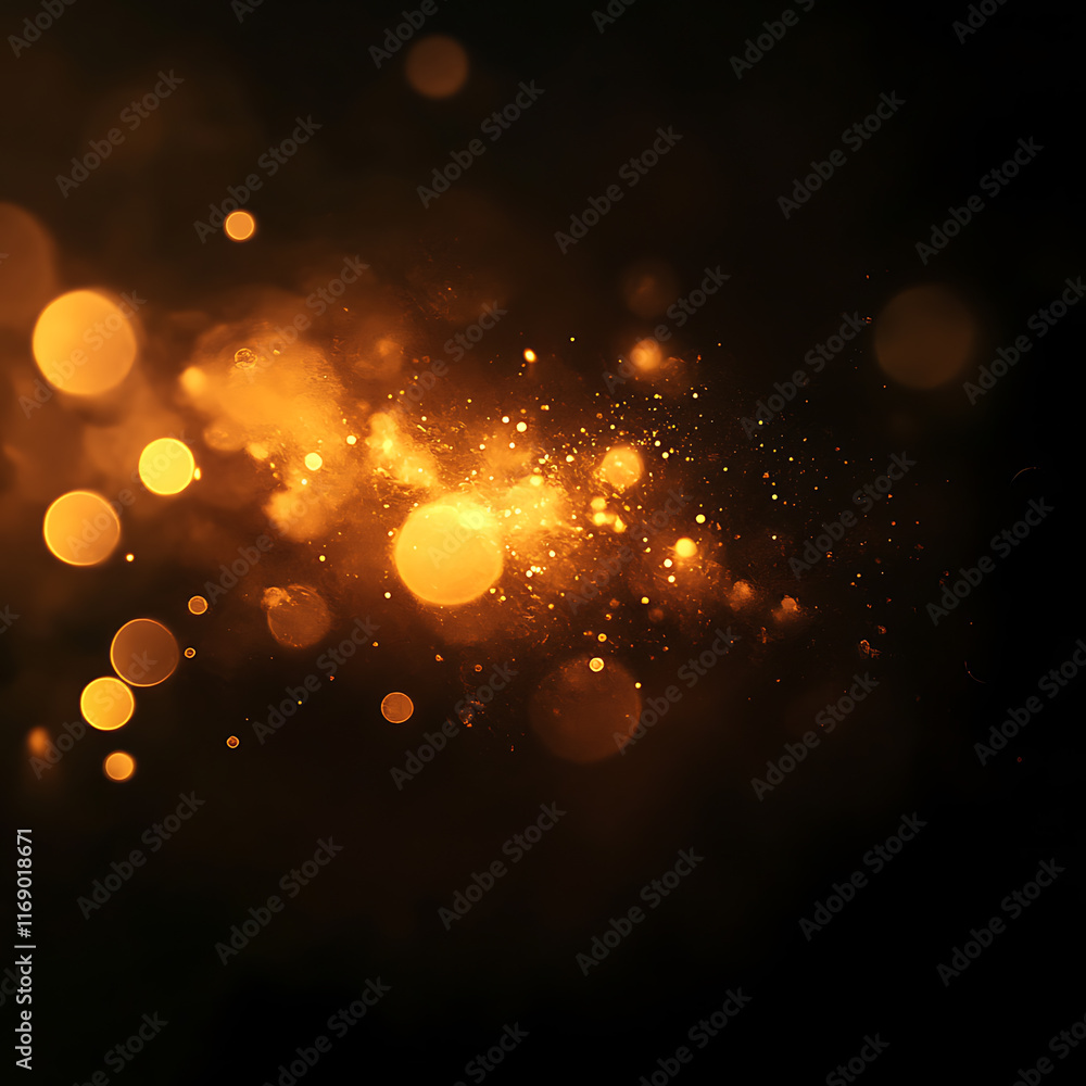 Poster golden bokeh lights and sparkles on dark background.