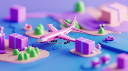 Fototapeta premium A colorful 3D representation of an airplane landing near pastel islands and boxes, showcasing a playful travel theme.