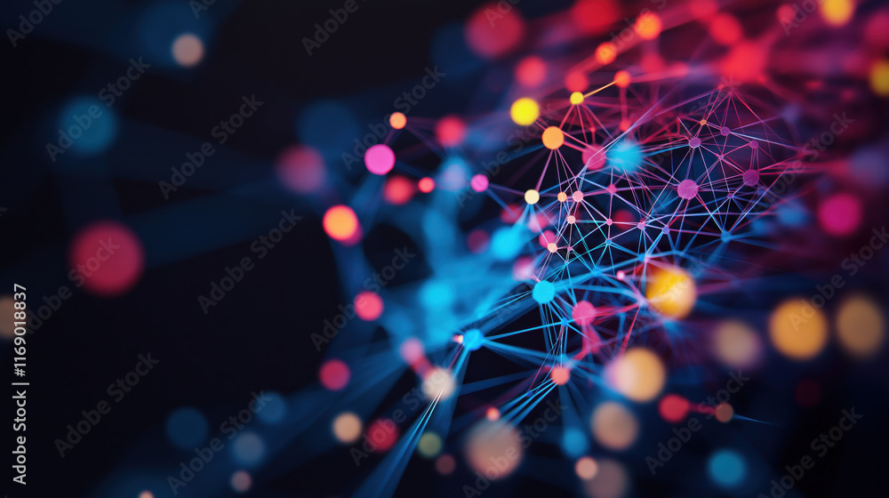 Poster a vibrant digital network with colorful nodes and connections, illustrating the concept of data tran