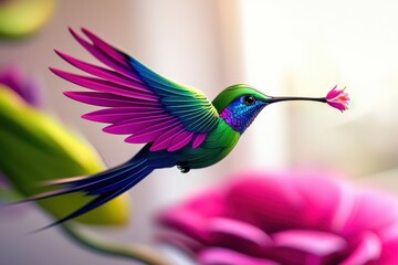 Obraz premium A vibrant portrayal of a hummingbird's flight toward a blooming flower.