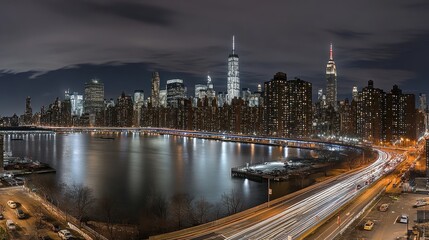 Dazzling city lights reflect on a tranquil river at night, showcasing the vibrant skyline of New York City