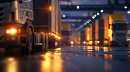 A night scene at a logistics hub featuring trucks with illuminated headlights on a wet road, reflecting the industrial environment.