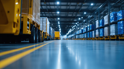 A spacious warehouse with trucks lined up, illuminated by bright overhead lights, showcasing a well-organized storage area filled with goods.