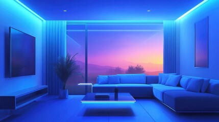 Modern lounge bathed in blue light with a stunning sunset view creating a tranquil and inviting atmosphere