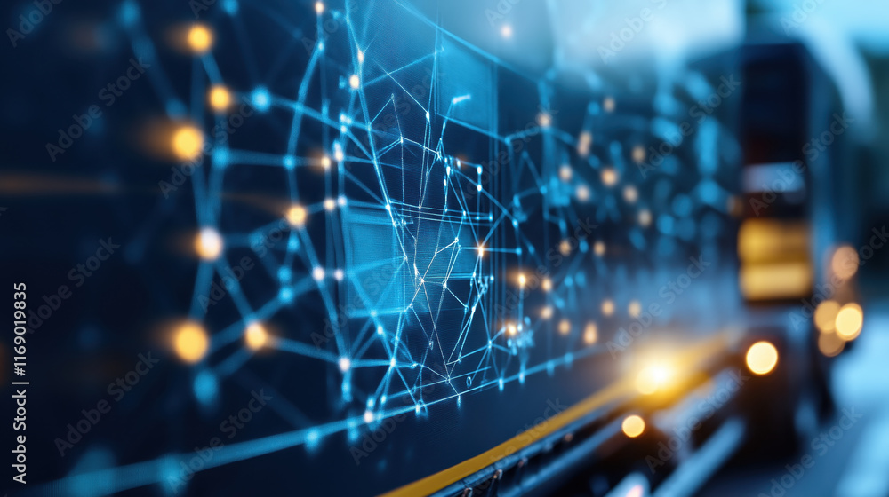 Poster a futuristic bus design featuring a network of glowing lines and nodes, symbolizing connectivity and