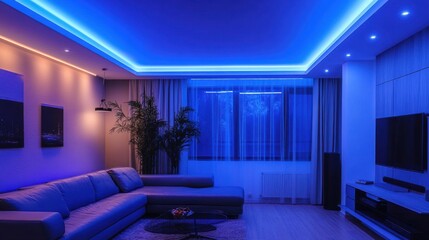 Modern living room with blue ambient lighting creates a relaxing and contemporary atmosphere for evening gatherings