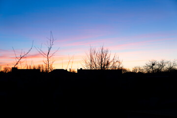 Sunrise. Silhouette of city buildings and bare tree branches at sunset with vibrant gradient sky. Landscape photography.