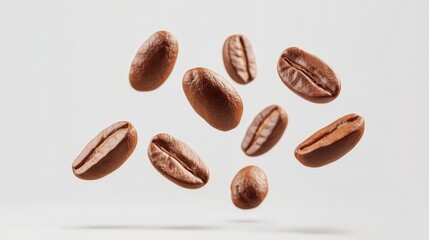 Obraz premium Flying or falling roasted brown caffeine coffee beans in the air isolated on a transparent (PNG) or white background. Arabian or aroma beans for hot drinks for cafe advertising, package design.