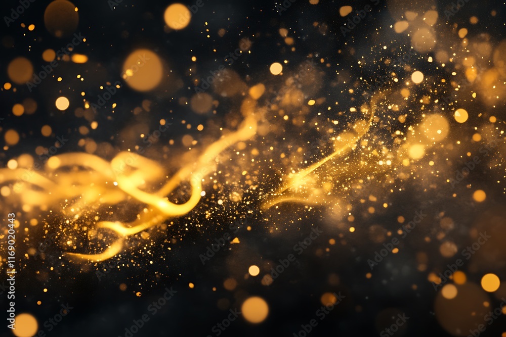 Poster golden sparkles and bokeh lights on dark background.