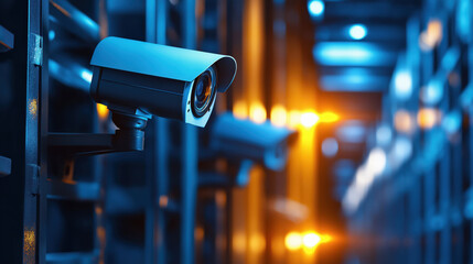 A surveillance camera monitors a dimly lit corridor, highlighting security measures in a modern, technological environment.